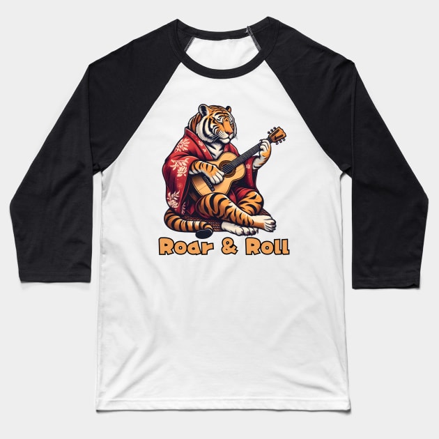 Rock and roll Bengal tiger Baseball T-Shirt by Japanese Fever